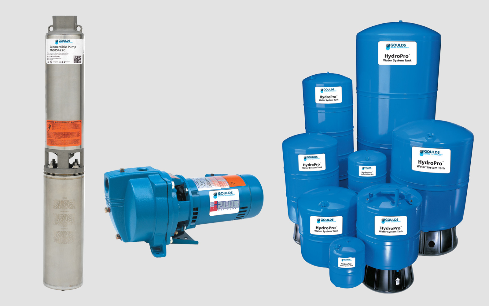 Photo of Goulds Submersible Pump, Goulds J5SH Self-Priming Jet Pump, and Goulds HydroPro Water Pressure Tanks